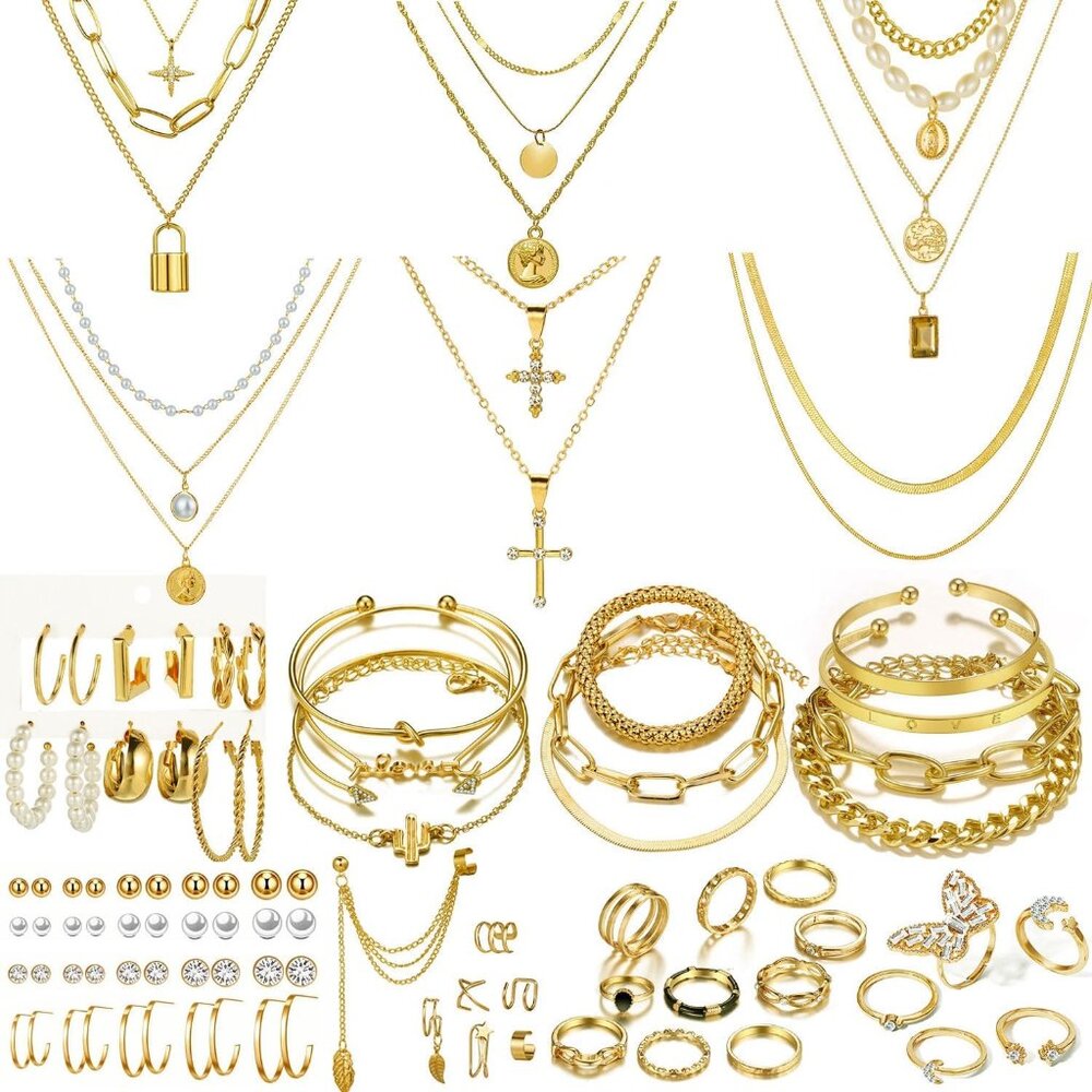 73 Pcs Gold Jewelry Set with 6Pcs Layered Necklace, 11 Pcs anklet and 7Pcs Earri